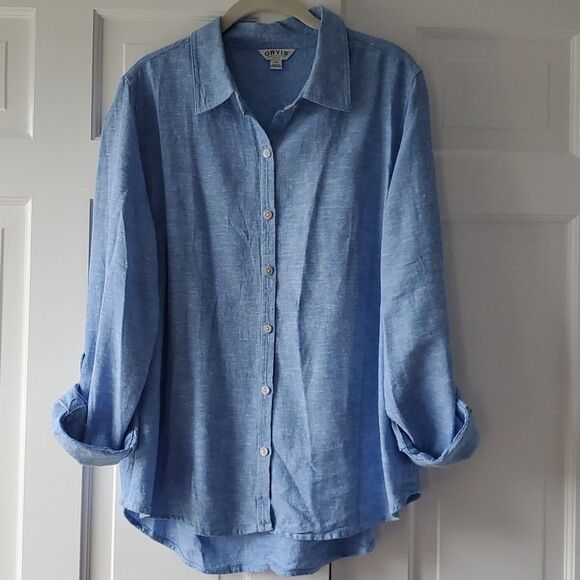 ORVIS BRIGHT BLUE LINEN BUTTON COLLAR BLOUSE TOP SIZE LARGE COASTAL BEACHY - Picture 1 of 10